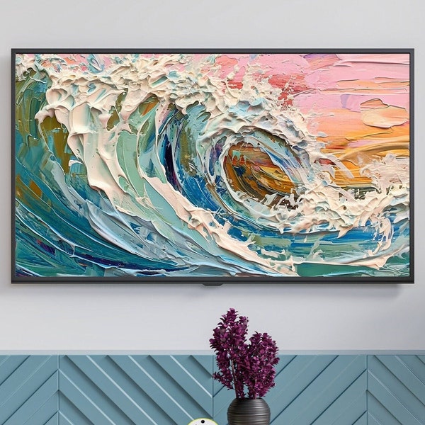 Samsung Frame TV Art Collection, Amazing Oil Painting Ocean Wave Art, Abstract TV Art, Seascape, Beach Scene