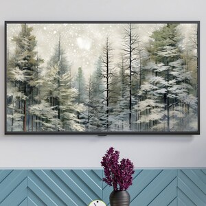 Samsung Frame TV Art - Piękny zimowy obraz olejny, wysokie sosny, nowoczesna dekoracja ścienna do inteligentnego domu, sztuka na telewizor Frame, święta