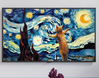Samsung Frame TV Art, Zabawny Kot Van Gogh Obraz Olejny, Sztuka Abstrakcyjna, natychmiastowe pobieranie, tapeta TV, pobieranie cyfrowe