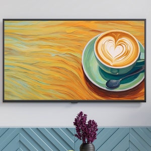 May include: A painting of a cup of coffee with a heart-shaped design in the foam, on a wooden table. The coffee is in a white cup with a green saucer and a spoon.