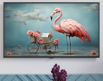 Samsung frame tv art, flamingo art, surrealism art, pink and bright color abstract art, digital download, tv wallpaper, instant download