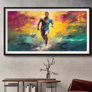 May include: A painting of a soccer player in a blue jersey running with the ball on a colorful abstract background.