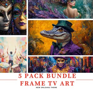 May include: A 5 pack bundle of framed TV art featuring a New Orleans theme. The art includes images of a couple wearing masquerade masks, an alligator wearing a top hat and bow tie, and a person wearing a masquerade mask in a street scene.