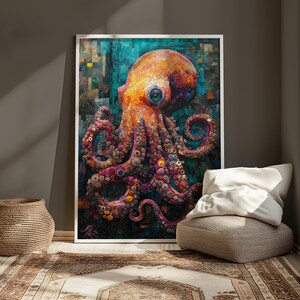 Poster Oktopus, abstrakte Wandkunst, schöne lebendige Farben, Vintage botanische Wandkunst, Sommer-Dekor, Strandplakat-Kunst, Sommervibe