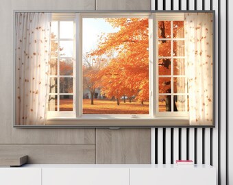 Samsung Frame TV Art, Autumn Fall Leaves Window, TV Art, Surrealism, Minimalist, Art for Frame TV