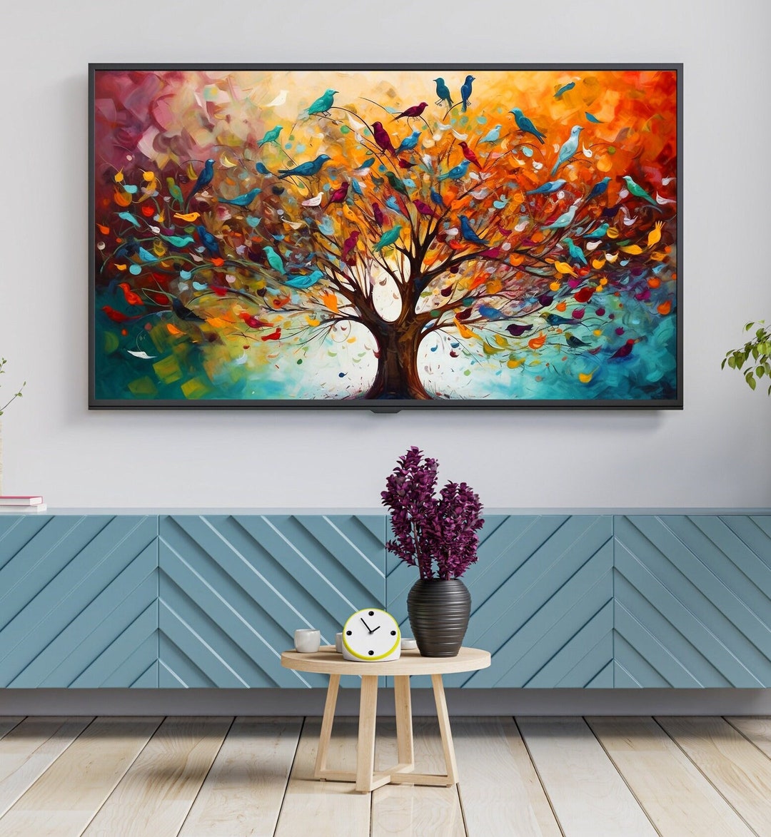 Samsung Frame TV Art, Stunning Colors Birds in Tree Colorful Painting