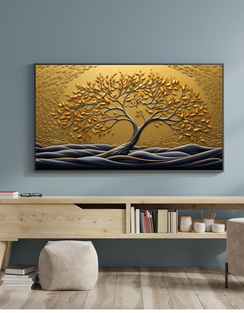 Samsung Frame TV Art, Stunning Golden Tree Art, 3D TV Art, Art for the