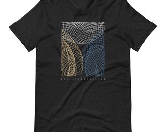 May include: Dark gray t-shirt featuring a rectangular graphic with abstract, geometric designs. The graphic includes a white grid, and yellow and blue curved lines. A series of small white vertical lines are at the bottom of the graphic.
