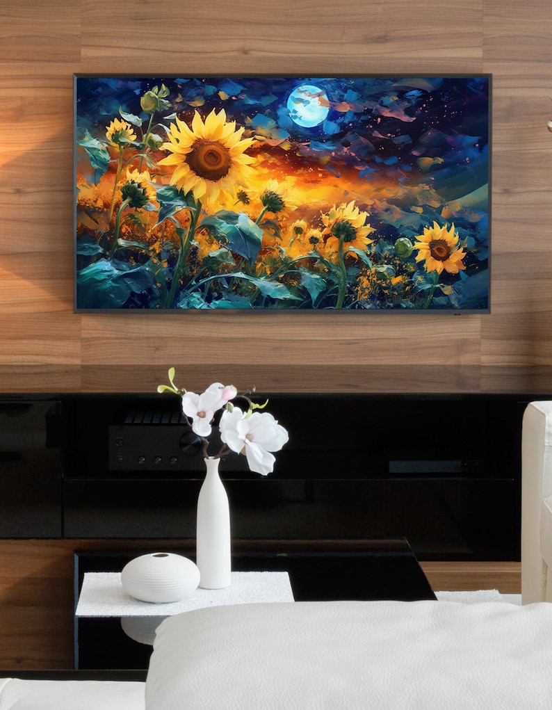 Art for Frame TV, Beautiful Sunflowers Painting, Moonlight ,digital Art