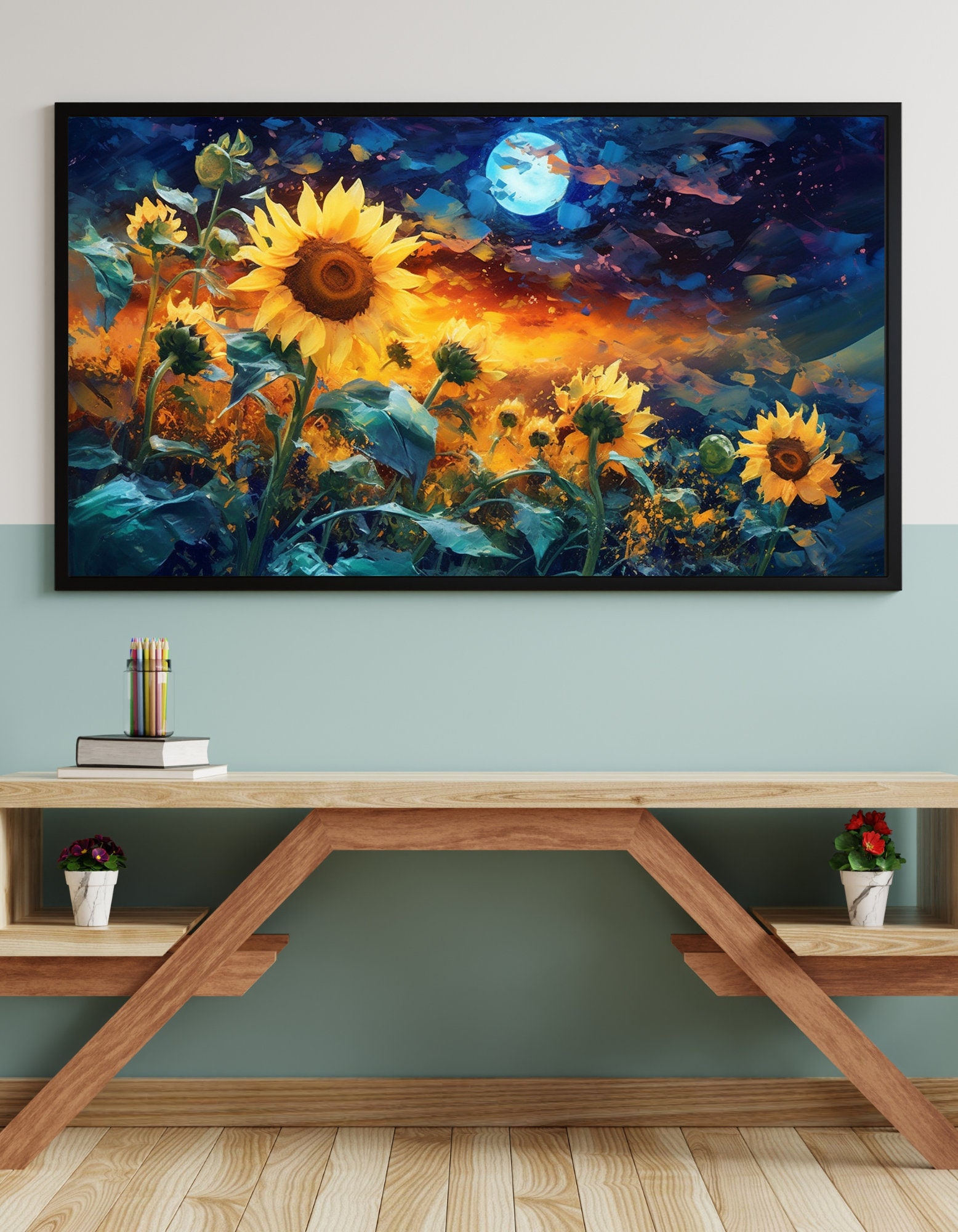 Art for Frame TV, Beautiful Sunflowers Painting, Moonlight ,digital Art