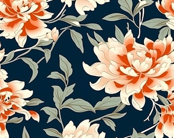 May include: A seamless pattern featuring delicate white and orange peonies with green leaves on a dark blue background.