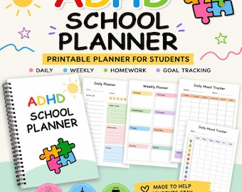 May include: A white spiral-bound ADHD School Planner with colorful text and a puzzle piece design. The planner includes daily, weekly, and homework sections, along with a mood tracker. The image also shows the text "Printable Planner for Students."