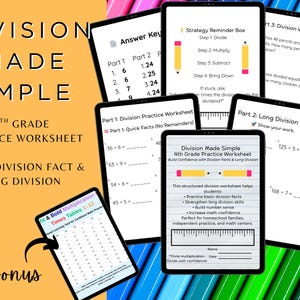May include: A collection of digital worksheets for 4th-grade division practice. The worksheets cover division facts, long division, and word problems. Includes a bonus multiplication times tables sheet. The title reads "Division Made Simple."