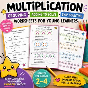 May include: Educational multiplication worksheets for young learners featuring sections on grouping, adding to solve, and skip counting. The pages include maths problems with repeated addition, counting groups, and number sequences for grades 2-4.