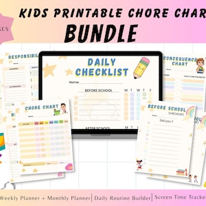May include: A bundle of printable chore charts for kids, featuring a daily checklist, chore chart, and consequence chart. The design includes colorful illustrations and the text "KIDS PRINTABLE CHORE CHART BUNDLE" and "19 PAGES".