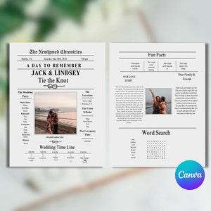 May include: A two-page wedding announcement with a newspaper theme. The left page features the couple's names, date, and wedding party details. The right page includes a photo, fun facts, and a word search. The design is in black and white.