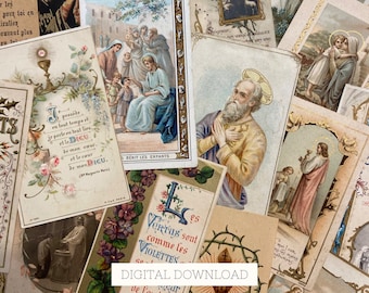 20 Français cartes de prière antiques, éphémères religieux imprimables, téléchargement numérique Christian Junk Journal Bundle, fournitures de scrapbooking catholiques C