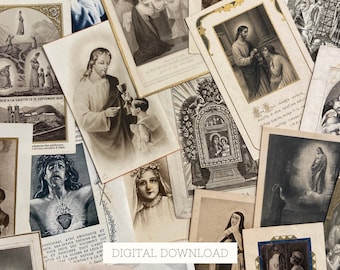 May include: A collection of vintage religious cards featuring images of Jesus, Mary, and other saints. The cards are printed on paper and have a worn, antique look. Some of the cards have gold accents and ornate borders.