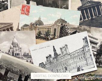 20 vintage Parijs-postkaartafdrukbare items voor scrapbooking, digitale blanco kaarten en handgeschreven brieven, efemere ongewenste tijdschriften, digitale downloads