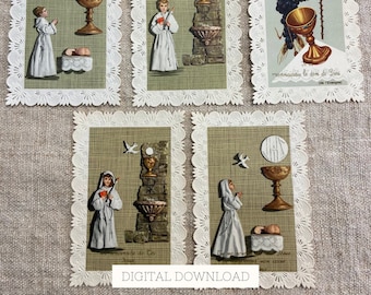 French Lace Prayer Cards, Vintage Religious Ephemera (Digital Download)