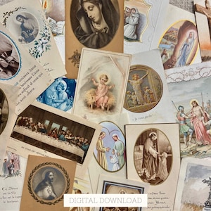 20 cartões de oração vintage franceses, scrapbooking digital cristão, cartões de comunhão para impressão para diário católico, itens religiosos