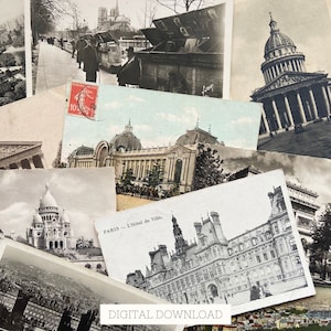 20 postales vintage de París para imprimir en álbumes de recortes, tarjetas digitales en blanco y cartas manuscritas, efímeras para diarios basura, descargas digitales