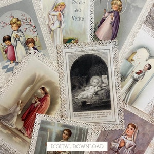 8 cartes de prière en dentelle Français, documents éphémères religieux imprimables vintage antiques pour journal catholique indésirable, feuille de collage Foi en téléchargement numérique