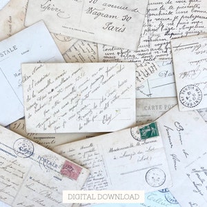 Dos de carte postale imprimable vintage, écriture française et blancs numériques pour journaux indésirables, vieilles notes manuscrites, fournitures de scrapbooking