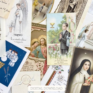 12 französische druckbare Gebetskarten für christliches Sammelalbum, digitale Glaubens-Kommunionkarten für katholisches Junk Journal, religiöses Ephemera