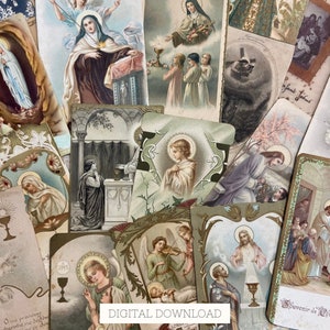 20 Antique Prayer Cards for First Communion or Religious Holiday Gift, Digital Download French Vintage Holy Cards for Catholic Scrapbook, E