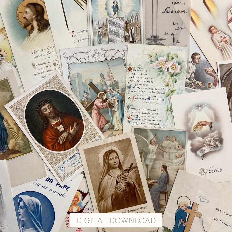 20 French Antique Prayer Cards, Catholic Digital Ephemera for Religious Junk Journal, Holy