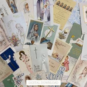 30 cartes de prière vintage françaises, scrapbooking numérique chrétien, cartes de communion imprimables pour journal indésirable catholique, éphémères religieux