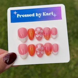Summer pink and orange 3D flower press on nails