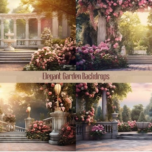 Puede incluir: Cuatro imágenes diferentes de un entorno de jardín romántico con pilares de piedra, arcos y flores rosas exuberantes. Las imágenes son ideales para usar como fondos para fotografía o arte digital.
