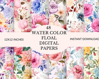 48-Pack Watercolor Floral Digital Scrapbook Paper - Perfect for Creative Projects