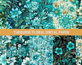 Turquoise Floral Digital Seamless pattern Paper - Perfect for Scrapbooking, POD Designs & Journals