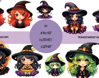 48-Pack Kawaii Cute Witches Clipart - PNG, 300 DPI, Transparent Background Fun!
