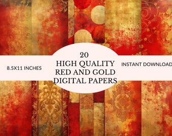 Red & Gold Digital Papers: High-Res Designs for Junk Journals and Scrapbooks, 8.5x11