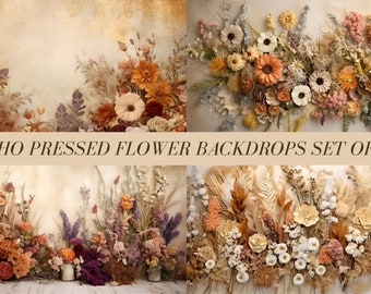 Boho Pressed Flowers Digital Backdrops: 12-Pack Nature-Inspired Backgrounds & Overlays for Whimsical Photography
