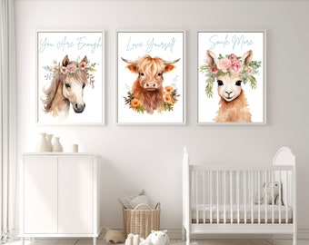 12-Pack of Printable Boho Baby Animal Prints with Affirmations in Various Sizes