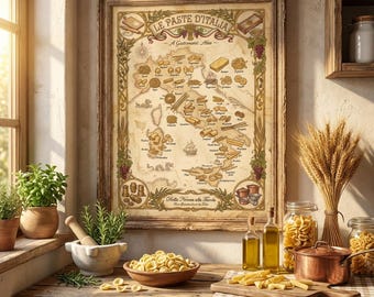Italian Pasta Map Print, Vintage Gastronomic Atlas, Regional Pasta Types Poster, Kitchen Decor, Foodie Gift Digital Download