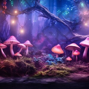 Könnte beinhalten: Eine fantasievolle Waldszene mit leuchtenden Lichtern und einer Gruppe von rosa Pilzen. Die Pilze sind im Halbkreis auf dem Waldboden angeordnet, mit dem größten Pilz in der Mitte.