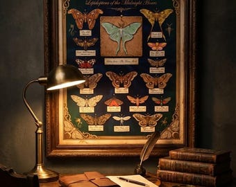 Dark Academia Moth Print, Vintage Insect Chart, "Nocturna" Lepidoptera Poster, Luna Moth & Death's Head Gothic Home Decor, Printable Art
