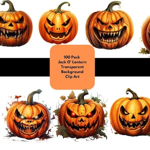 May include: A set of 100 digital clip art images of jack-o'-lantern pumpkins with various scary faces. The pumpkins are orange and have a white background.