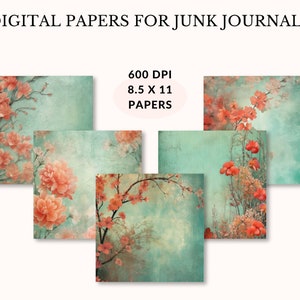 May include: Six digital papers featuring a floral design with peach-colored flowers on a teal background. The papers are 8.5 x 11 inches and 600 DPI.
