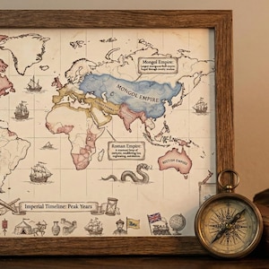 May include: A framed world map print with a vintage aesthetic, depicting historical empires in various colors. A compass, a feather, and a book are placed beside the frame. The map includes text such as "British Empire" and "Mongol Empire".