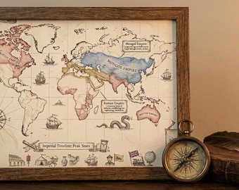 World History Map Poster | Empires Power Ranking Infographic | Roman, Mongol, British Empire | Vintage Style Wall Art | History Buff Gift