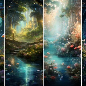 Pode incluir: Uma pintura digital de uma floresta mágica com um riacho sinuoso, vegetação exuberante e luzes brilhantes. A floresta está cheia de flores, cogumelos e borboletas.