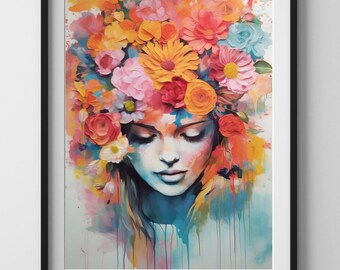 Boho Blumen Kopfschmuck Frau - Digitale Wand Kunst Malerei für Wohnkultur