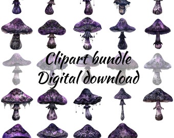 Purple and black gothic Mushroom Clipart bundle of 24